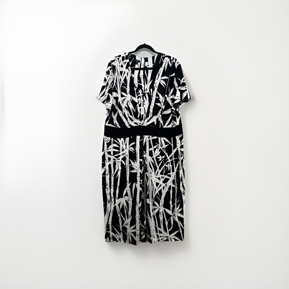 Talbots‎ Dress Womens Size 2X White Midi V-Neck Bamboo Print Cap Sleeve Office